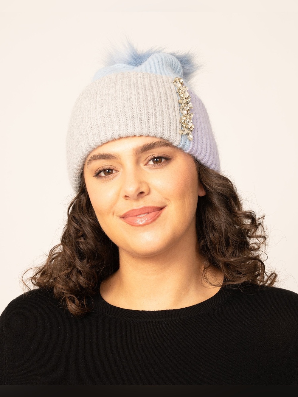 MSRP $95 Adrienne Landau Color Block Knit Hat with Crystals Gray Lilac